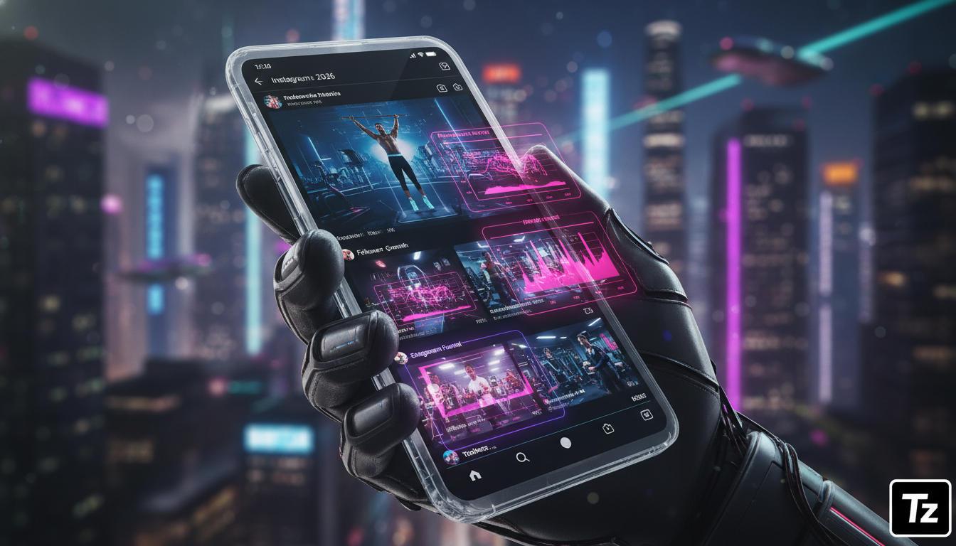 Toolzz: A mais moderna plataforma de IA para Instagram Fitness em 2026 — Close-up em um smartphone mostrando a tela do Instagram. A interface exibe um feed de fitness com diversas postagens. Sobrepost