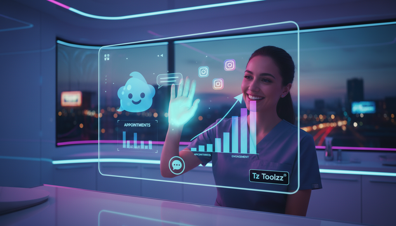 Toolzz: a mais moderna plataforma de IA para Redes Sociais — Uma dentista em seu consultório, sorrindo e acenando para o monitor de um computador. No monitor, uma representação visual de um chatbot da