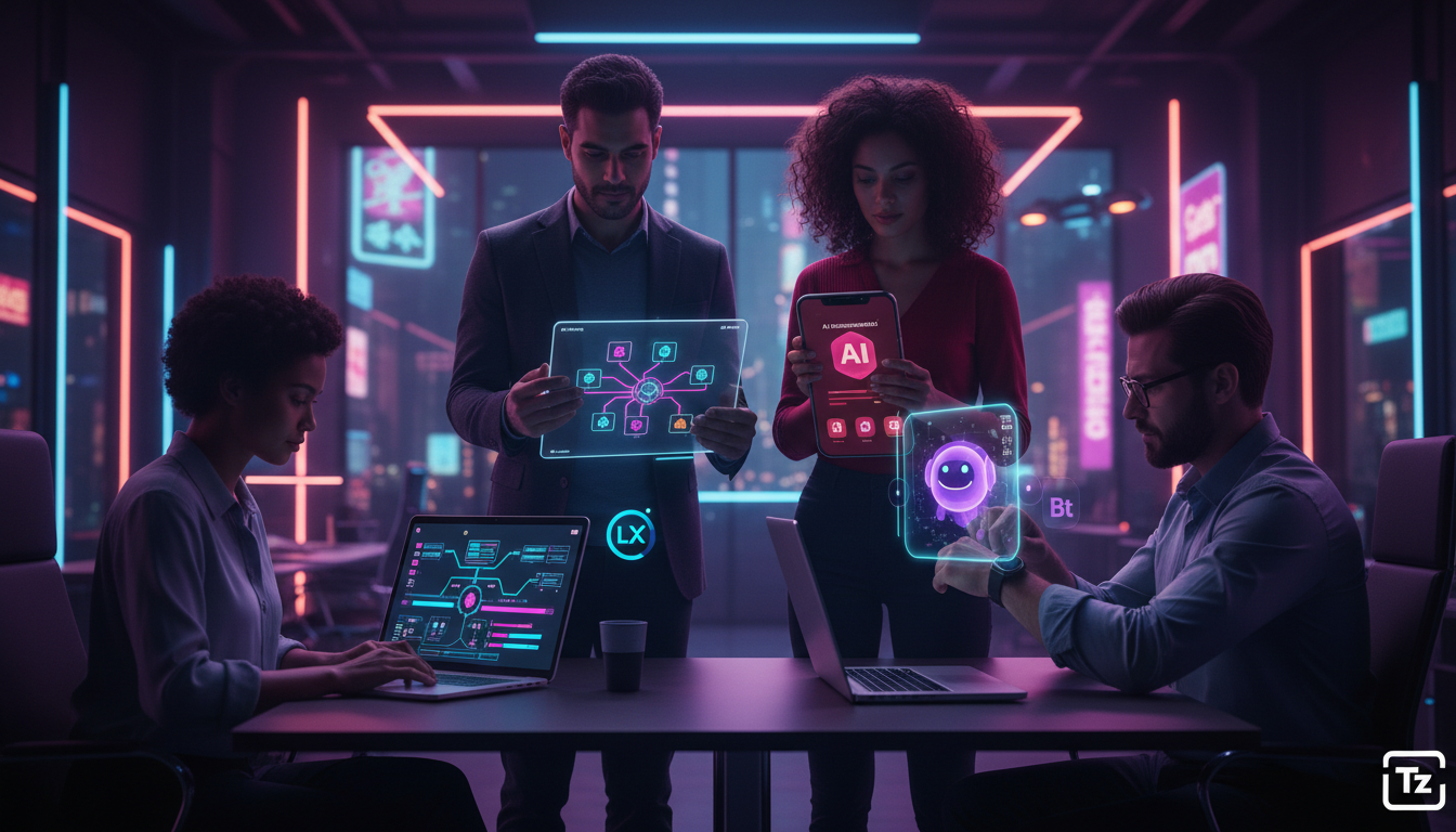 Toolzz: a mais moderna plataforma de Trilhas de Aprendizado — Um grupo diversificado de profissionais em um escritório moderno e bem iluminado, cada um usando um dispositivo diferente (laptop, tablet,