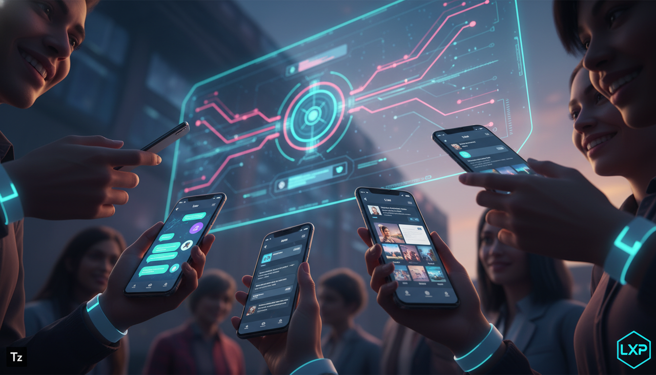 Toolzz: a plataforma brasileira líder em Atendimento Omnichannel — Close-up de diversas mãos segurando smartphones em um evento, cada tela exibindo diferentes canais de comunicação (Instagram, WhatsAp