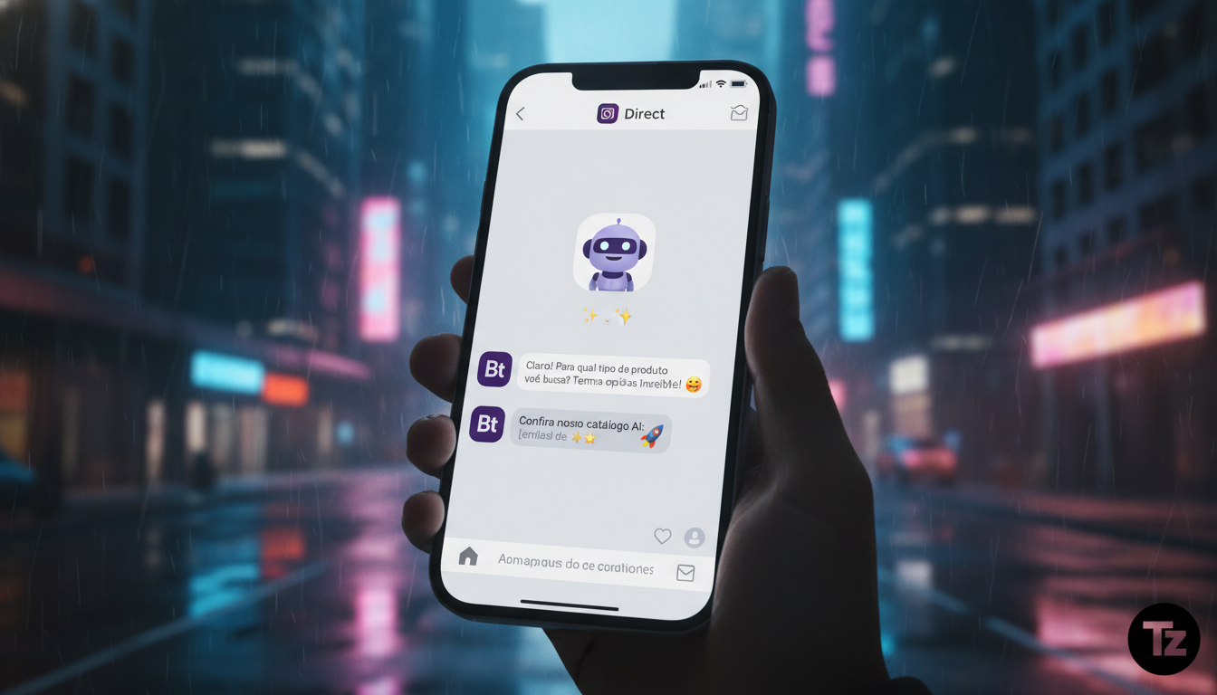 Toolzz: a plataforma brasileira líder em Automação Instagram 2026 — Uma tela de celular mostrando um chatbot da Toolzz Bots respondendo a perguntas de clientes no Instagram Direct. O chatbot usa emoji