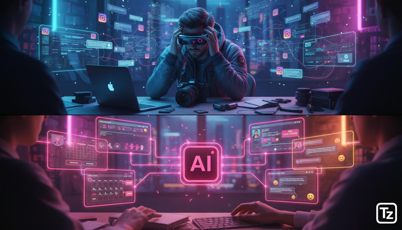 Toolzz: a plataforma brasileira líder em IA para Instagram — Um diagrama infográfico dividido em duas partes (superior e inferior para carrossel no Instagram). Na parte superior, um fluxo de trabalho 