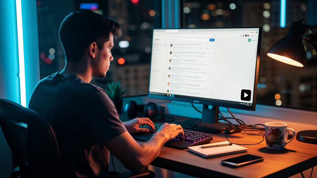 Toolzz: a plataforma brasileira líder em LLM SEO — Um usuário digitando uma pergunta complexa em um mecanismo de busca (ex: Google). A tela do computador reflete a luz do ambiente, com o logo da Toolz