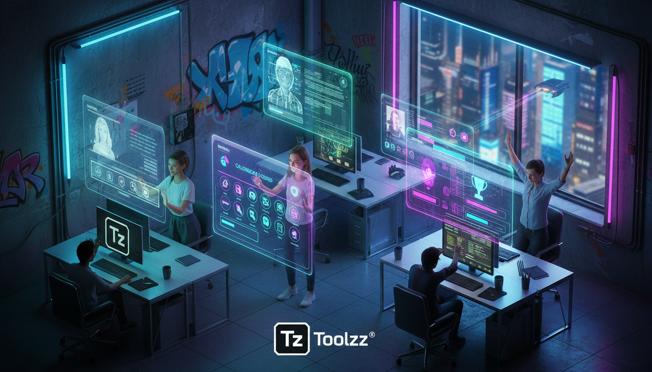 Toolzz: a plataforma brasileira líder em Portal do Aluno LXP — Ilustração isométrica de um escritório moderno onde vários avatares de alunos interagem com diferentes elementos de um Portal do Aluno (c