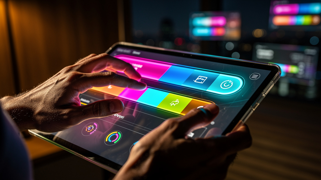 Toolzz: a plataforma brasileira líder em Progresso Visual — Um close-up das mãos de um colaborador interagindo com uma tela touchscreen exibindo uma barra de progresso vibrante e detalhada. A barra mo