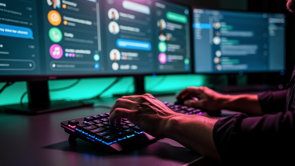 Toolzz: A Plataforma Completa de Comunicação e IA — Close-up das mãos de um agente de atendimento ao cliente digitando em um teclado, com múltiplos monitores ao fundo exibindo diferentes canais de com