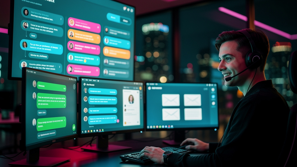 Toolzz: A Plataforma Completa de Comunicação e IA — Um atendente de suporte ao cliente sorrindo, usando um headset, cercado por múltiplas telas mostrando diferentes canais de comunicação (WhatsApp, ch