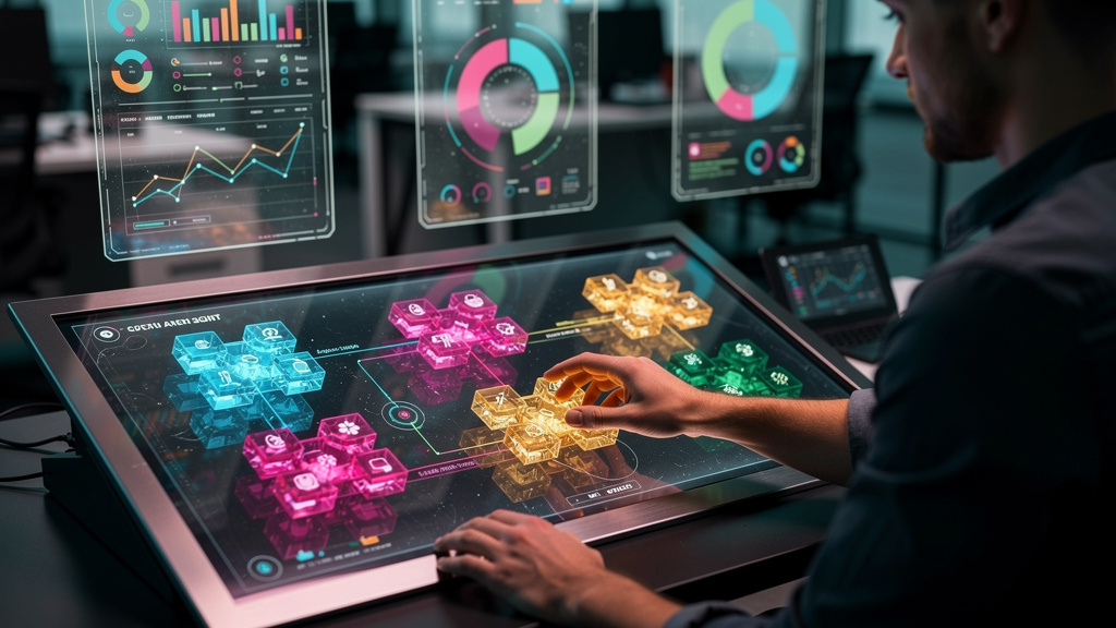 Toolzz: A Plataforma Completa de IA e Comunicação para Empresas — Close-up em um painel de controle da Toolzz AI, mostrando a criação de um agente de IA personalizado. Um usuário interage com a interf