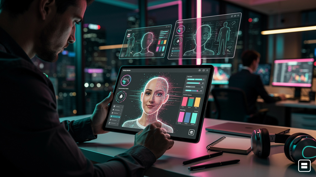 Toolzz: A Plataforma Completa de IA e Comunicação para Empresas — Um designer de produto usando a Toolzz AI em um tablet para personalizar um avatar de cliente. O avatar está sendo gerado em tempo rea
