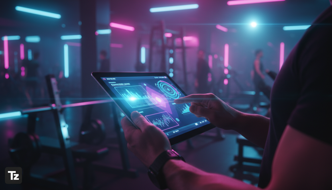 Toolzz: a plataforma mais avançada para Agente SDR no Instagram — Close-up nas mãos de um personal trainer ajustando o aplicativo Toolzz em um tablet. Na tela do tablet, um dashboard mostrando métrica