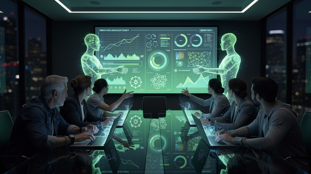 Toolzz: a plataforma mais avançada para Equipes Híbridas de IA e Humanos — Um time misto de humanos e avatares de IA colaborando em um projeto. Os humanos estão em uma sala de conferência moderna, enq