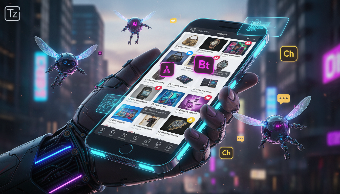 Toolzz: a plataforma mais avançada para Instagram Commerce IA — Close-up de uma tela de smartphone mostrando um feed do Instagram repleto de posts de produtos. Pequenos robôs, cada um representando um