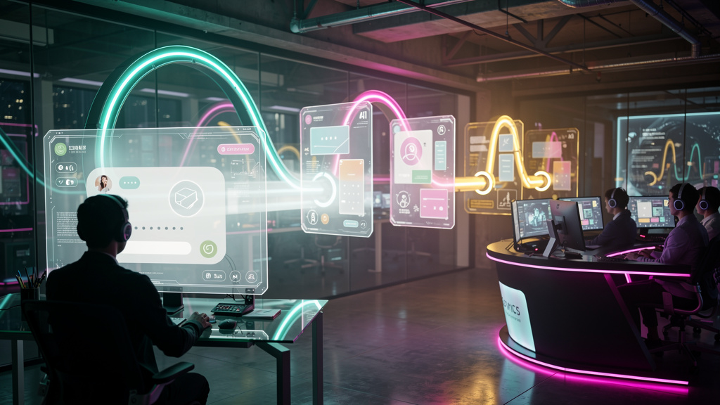 Toolzz: a plataforma mais avançada para Integração entre IA, Chatbots e Atendime — Um diagrama de fluxo visualmente atraente mostrando a jornada de um cliente desde o primeiro contato com um chatbot a