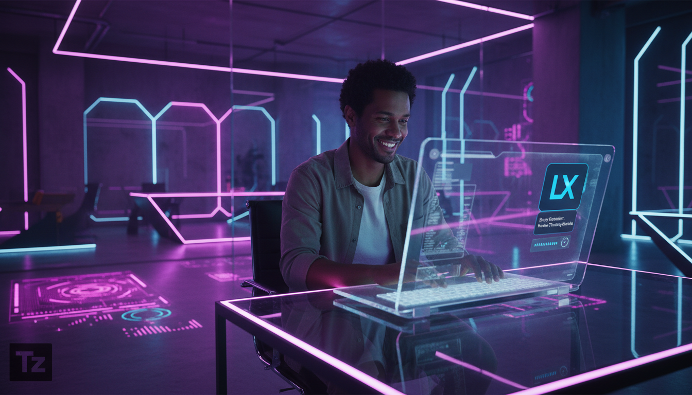 Toolzz: a plataforma mais avançada para Lembretes de Estudo — Uma pessoa sorrindo, usando um laptop em um escritório moderno e bem iluminado. No canto da tela do laptop, uma notificação discreta do ap