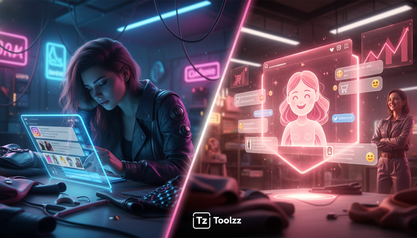 Toolzz: Agente de IA no Instagram: 7X Mais Vendas para Moda [2026] — Uma tela dividida mostrando, de um lado, uma pessoa exausta respondendo manualmente a DMs do Instagram sobre roupas, e do outro, o 