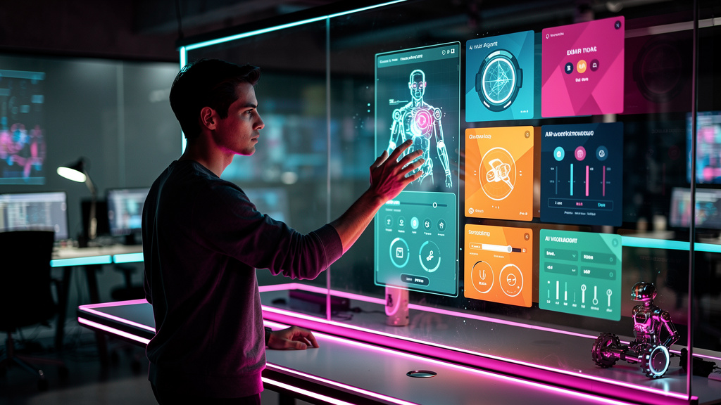 Toolzz AI: A Plataforma Definitiva para Agentes de IA no Trabalho — Um designer de produto ajustando a interface de um agente de IA em uma tela sensível ao toque, com o logo da Toolzz AI visível no ca