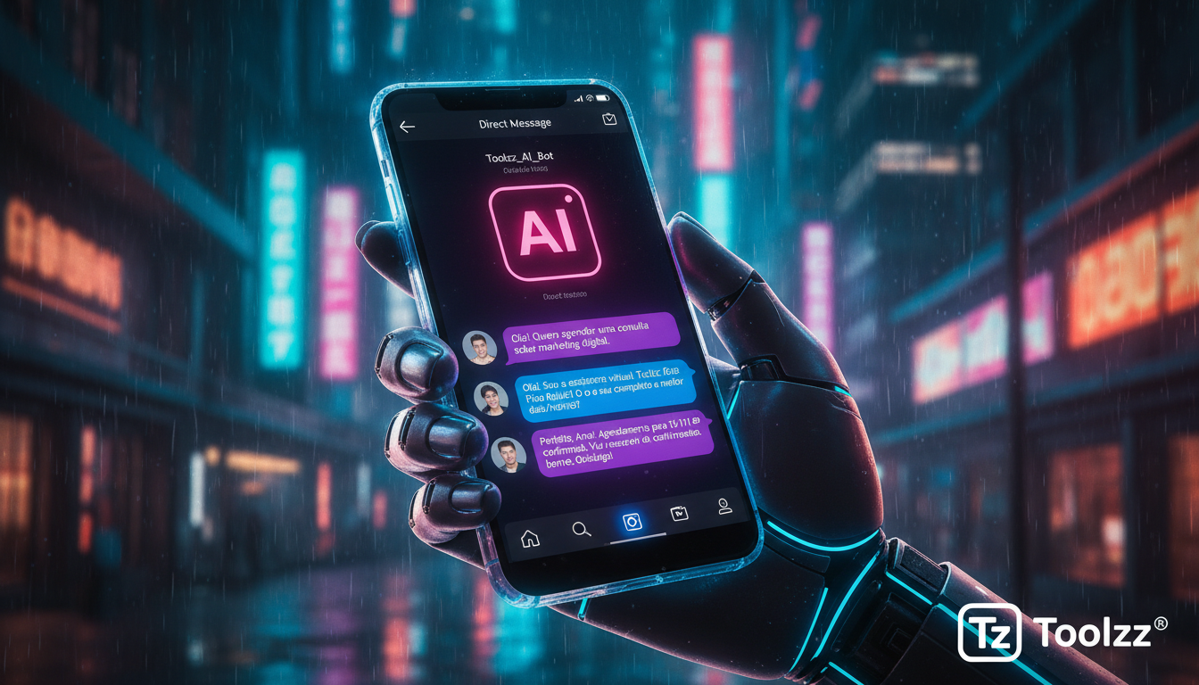 Toolzz: API e integrações para Agendamento IA — Ilustração de uma mão estilizada segurando um smartphone que exibe uma conversa no Instagram Direct. A conversa simula um usuário interagindo com um bot