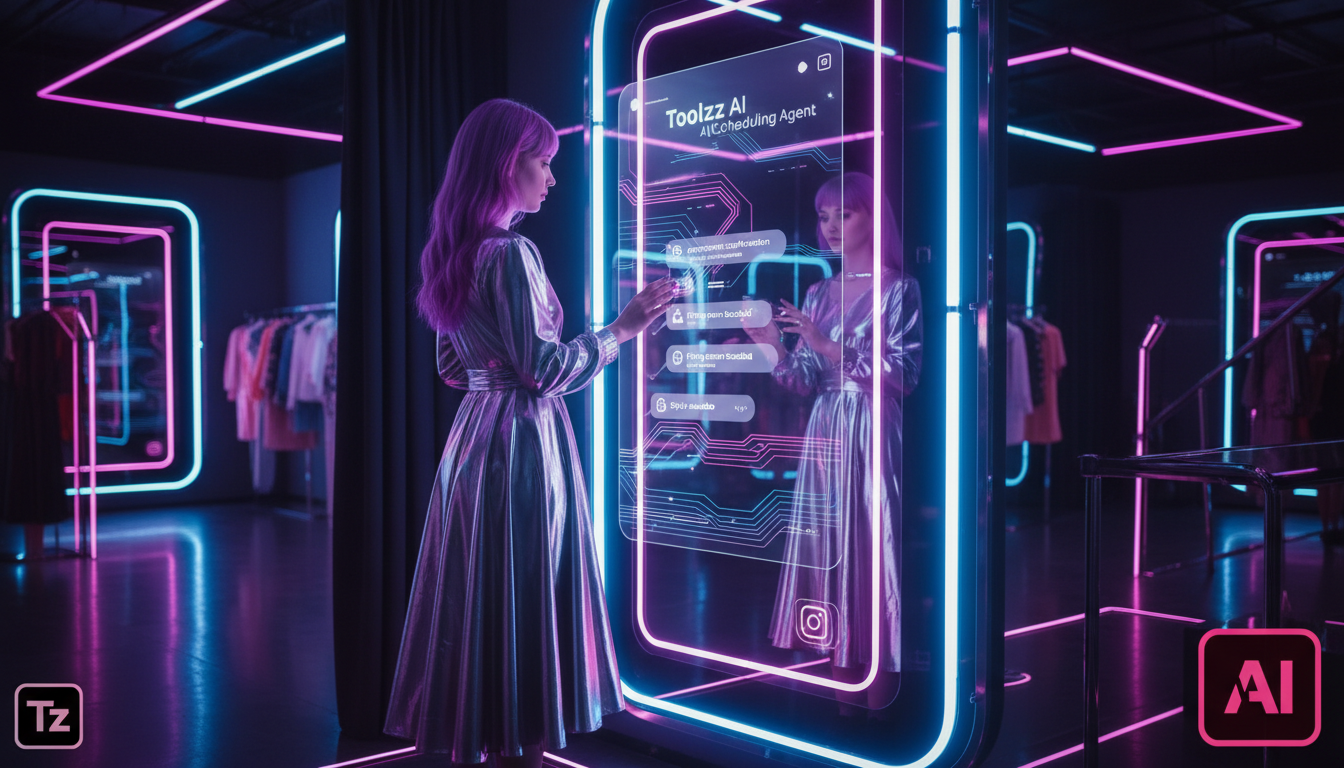 Toolzz: API e integrações para Agendamento IA no Varejo — Uma modelo experimentando roupas em uma loja de moda, enquanto um agente de agendamento de IA da Toolzz, representado por uma interface gráfic