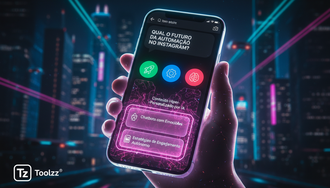 Toolzz: API e integrações para automação Instagram: 7 tendências em 2026 — Close-up de um smartphone exibindo um story do Instagram com uma pergunta interativa. Uma IA generativa, representada por uma