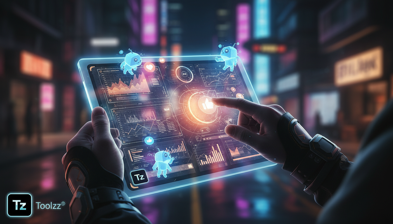 Toolzz: API e integrações para IA em Redes Sociais 2026 — Um close-up das mãos de um profissional de marketing digital usando um tablet. Na tela do tablet, vemos uma interface de usuário complexa com 