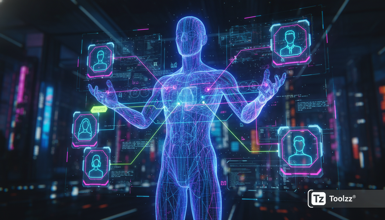 Toolzz: API e integrações para IA no Instagram em 2026 — Um agente de IA, visualizado como uma representação gráfica humanóide estilizada, interagindo com vários avatares de clientes dentro da interfa