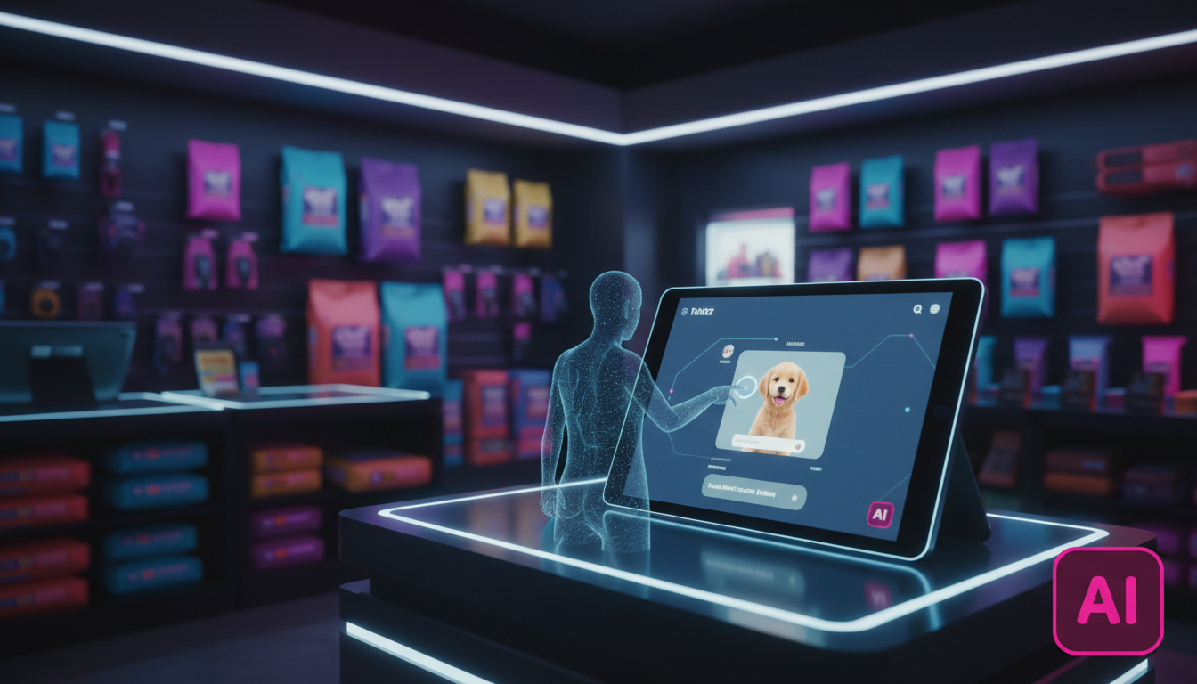Toolzz: API e integrações para Instagram Business 2026 — Close-up de um pet shop moderno e bem iluminado, com um chatbot da Toolzz exibido em um tablet, interagindo com um cliente virtual que está esc