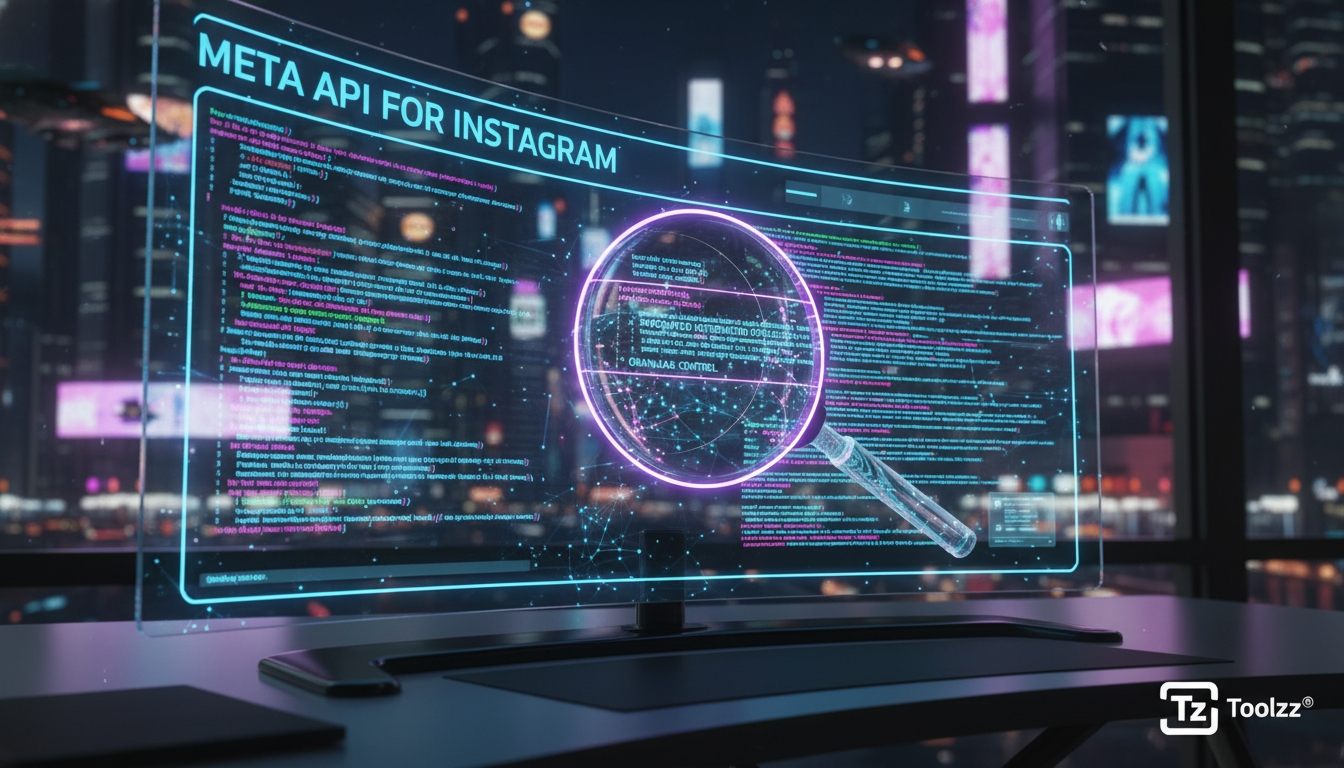 Toolzz: Automação Instagram 2026 para Agências — Uma tela de computador mostrando a interface da Meta API para Instagram, com linhas de código e dados sendo processados em tempo real. Uma lupa paira s
