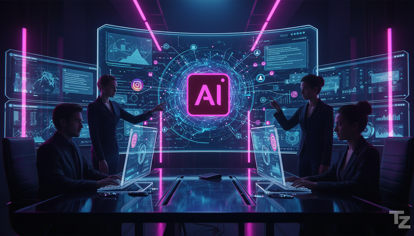 Toolzz: automação inteligente de agentes IA social media — Um escritório moderno e iluminado com diversas telas exibindo interfaces de diferentes redes sociais. No centro, uma tela maior mostra um pai