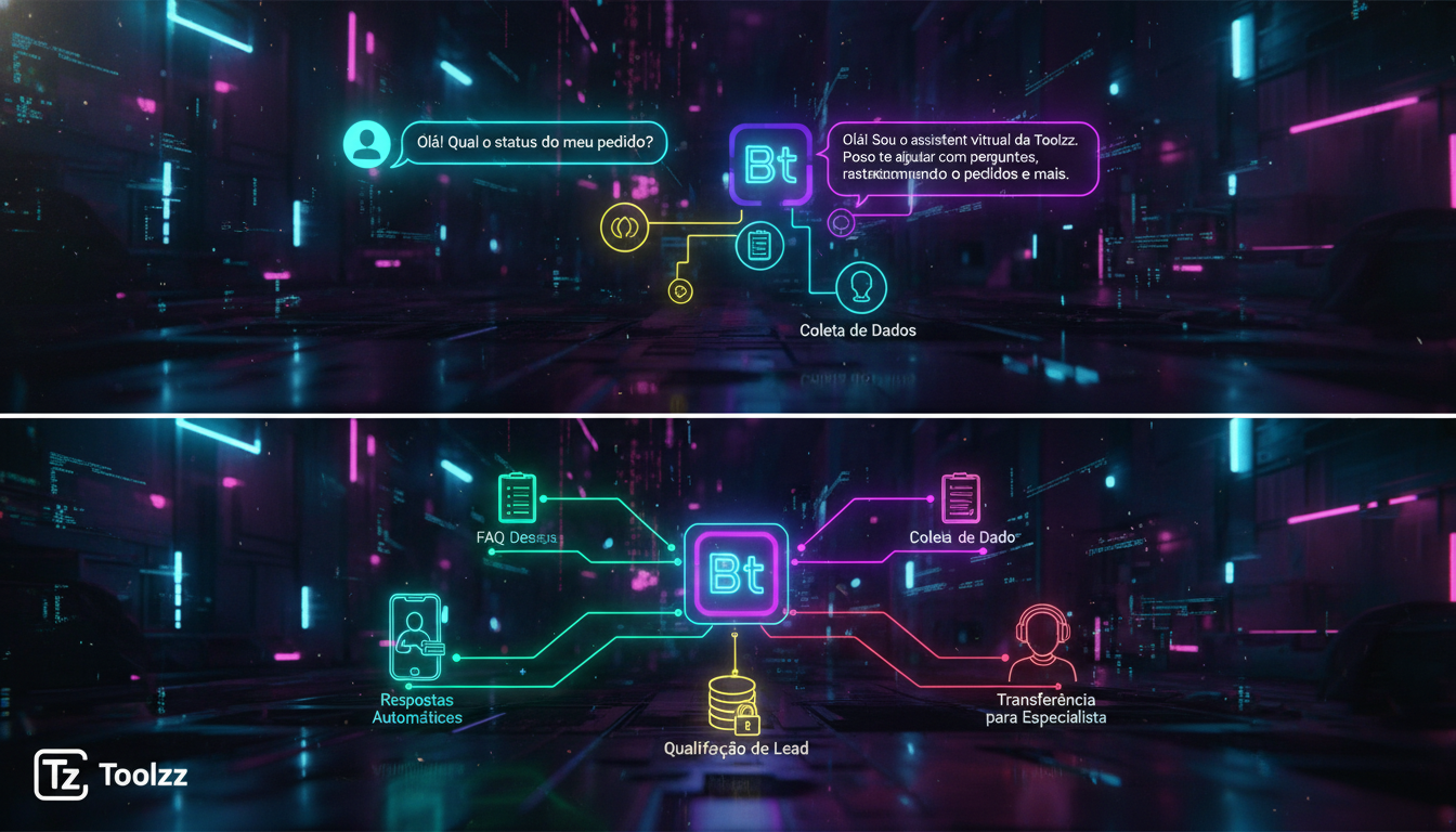 Toolzz: automação inteligente de chatbots Instagram — Um diagrama visual que ilustra o fluxo de mensagens no Instagram DM, mostrando como um chatbot da Toolzz interage com os usuários, respondendo a p