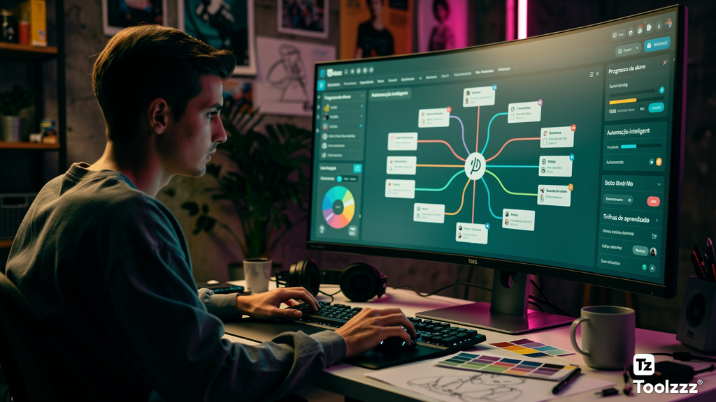 Toolzz: automação inteligente de cursos para designers em 2026 — Close-up de um designer gráfico ajustando parâmetros de um curso online em uma interface da Toolzz. A tela mostra um gráfico de persona