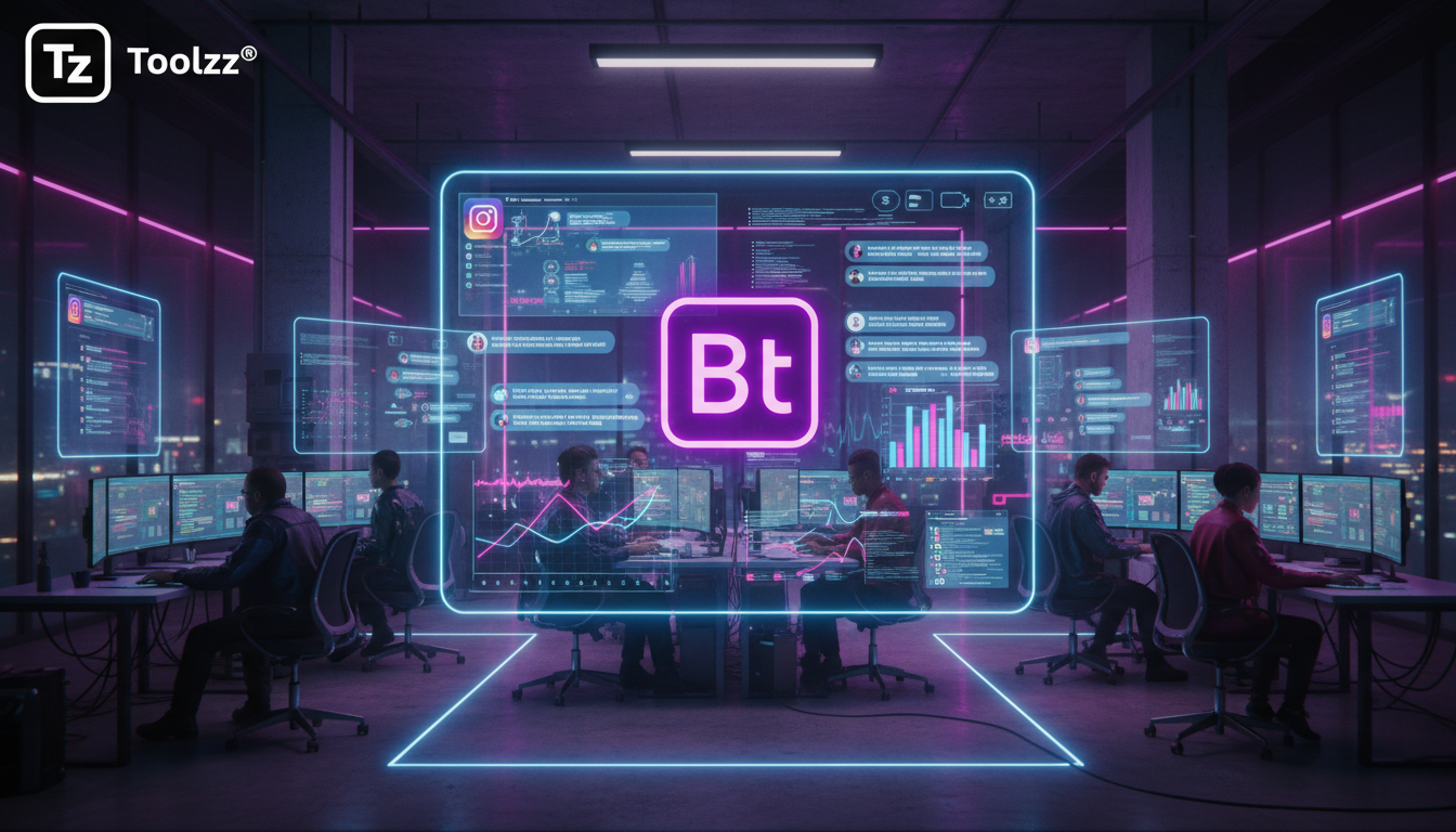 Toolzz: automação inteligente de Instagram — Um escritório moderno com uma equipe diversificada trabalhando em vários computadores. Telas mostram interfaces do Instagram com chatbots respondendo a men