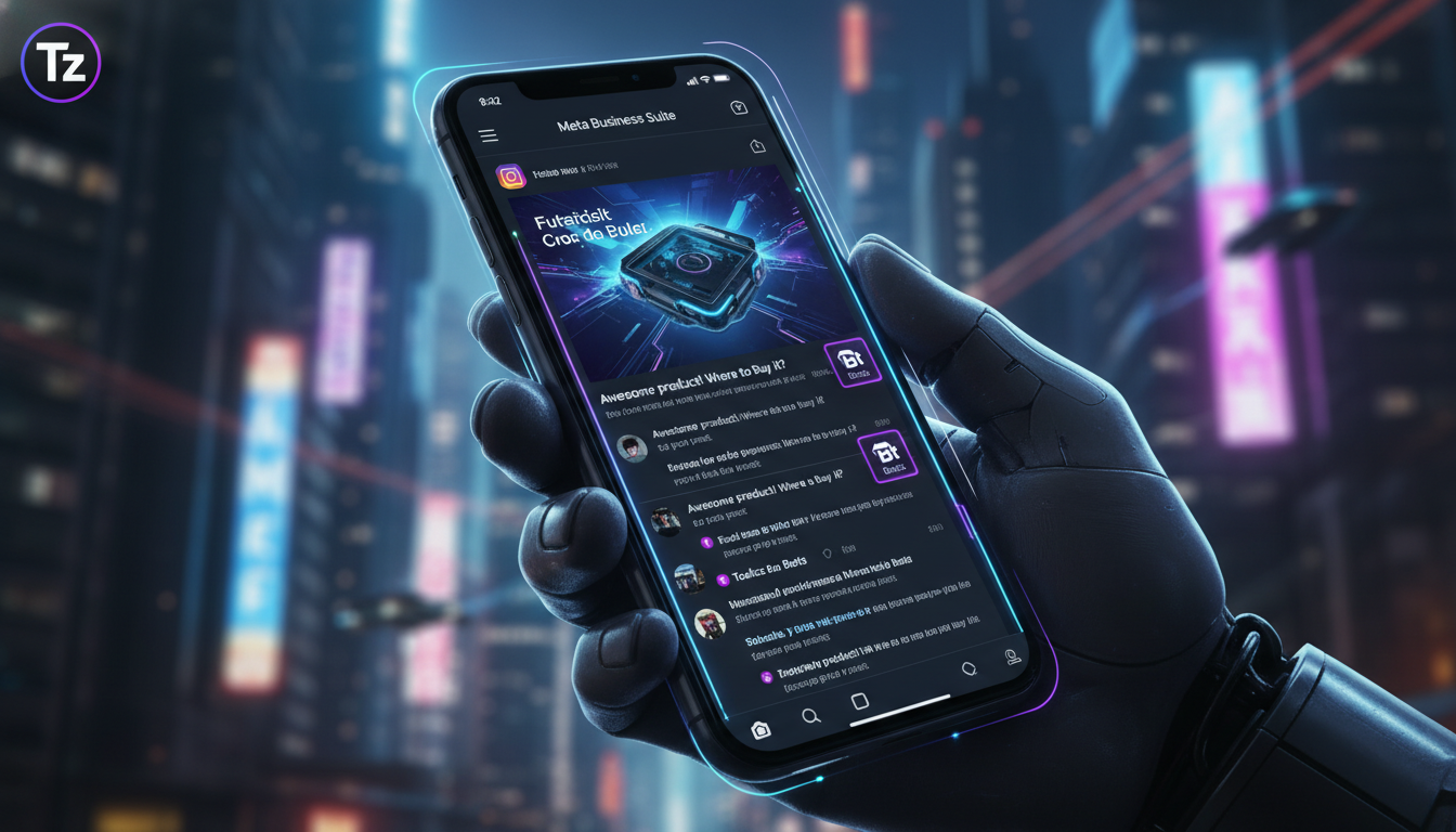 Toolzz: automação inteligente de Meta Business Suite IA — Um close-up de um smartphone exibindo um feed do Instagram com vários comentários em uma postagem. Pequenos ícones de robôs aparecem ao lado d