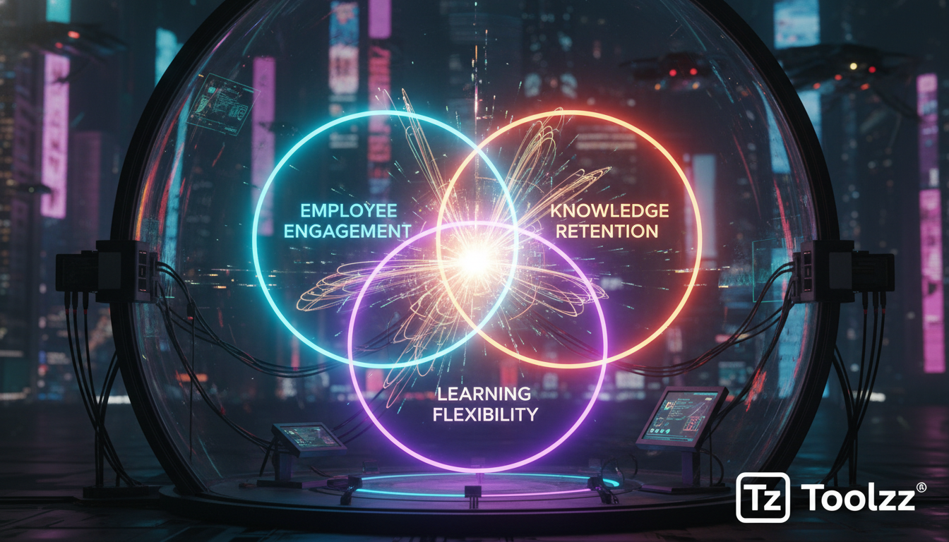 Toolzz: automação inteligente de Microlearning — Um diagrama de Venn colorido mostrando a interseção de 'Engajamento do Colaborador', 'Retenção de Conhecimento' e 'Flexibilidade de Aprendizagem', com 
