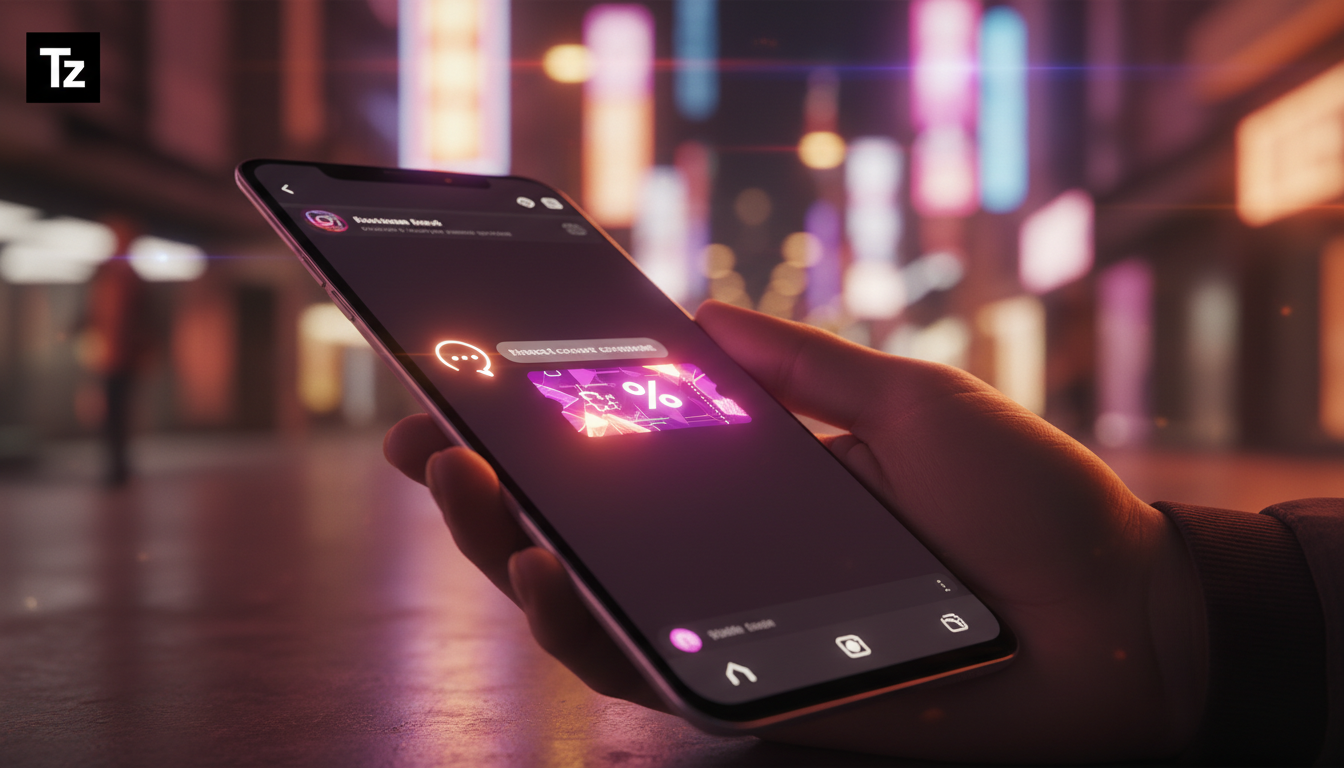 Toolzz: Automação Inteligente do Instagram em 2026 — Close-up de um smartphone mostrando uma DM do Instagram sendo enviada automaticamente após um comentário em um post. A DM contém um cupom de descon