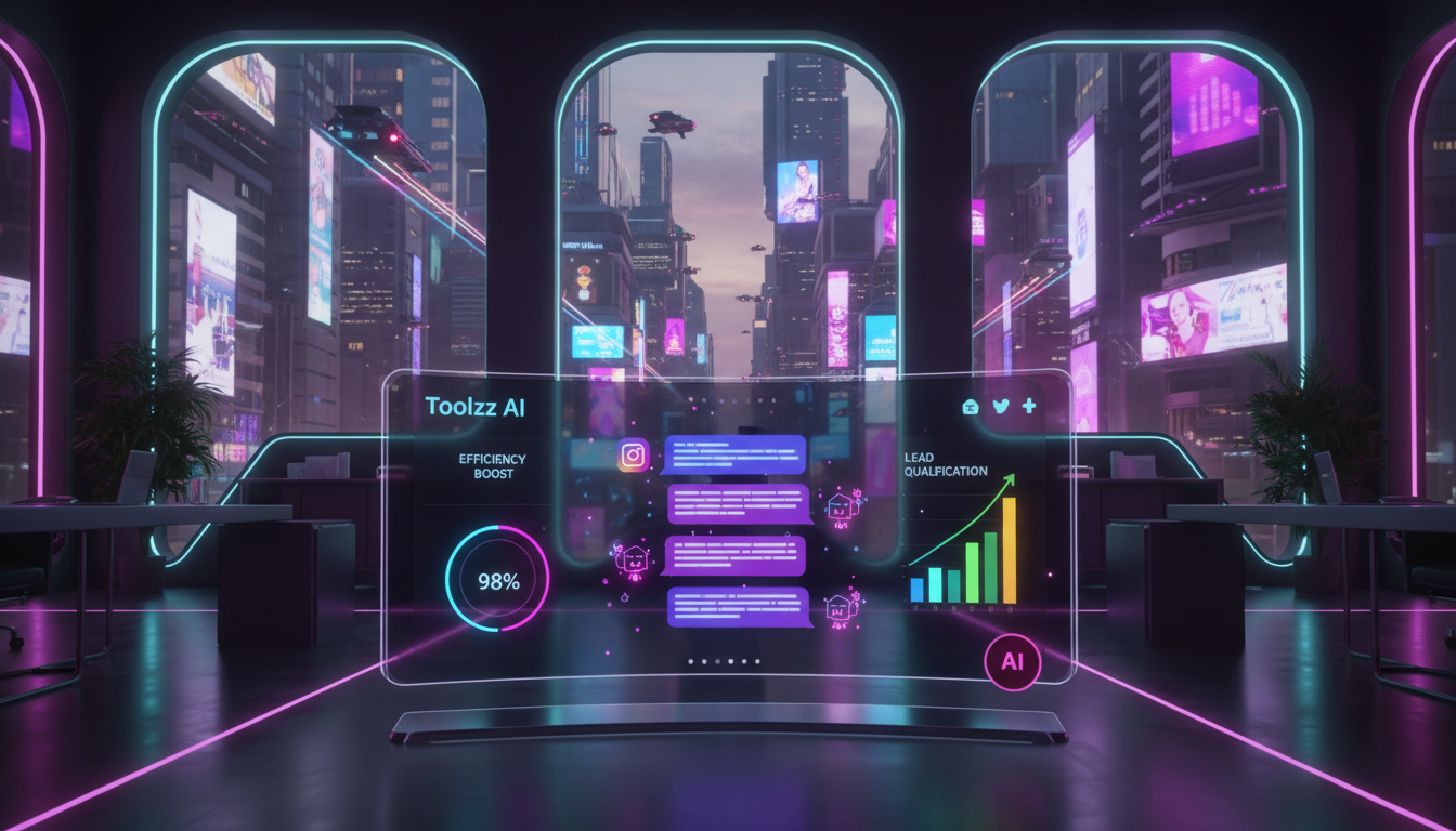 Toolzz: Automação Inteligente do Instagram em 2026 — Um escritório moderno e iluminado, com grandes janelas exibindo uma paisagem urbana. Em primeiro plano, uma tela exibe um painel de controle da Too