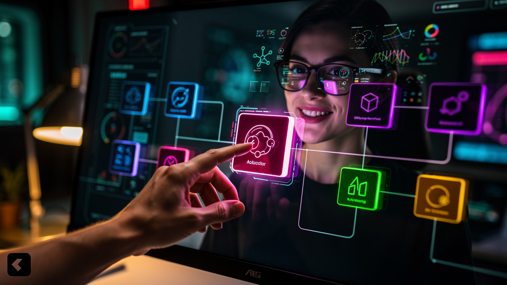 Toolzz: Automação Inteligente e Suporte Dedicado em 2026 — Close-up de uma tela de vibe-coding exibindo blocos de código coloridos e interconectados. Uma mão está arrastando um bloco com o logo da Too