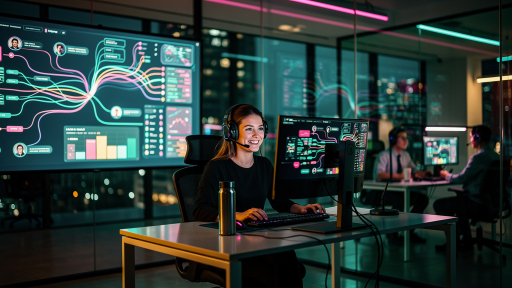 Toolzz: case atendimento com 70% de melhoria — Um atendente de suporte ao cliente sorrindo e usando um headset, trabalhando em um escritório moderno com paredes de vidro. Em uma das paredes, uma tela 