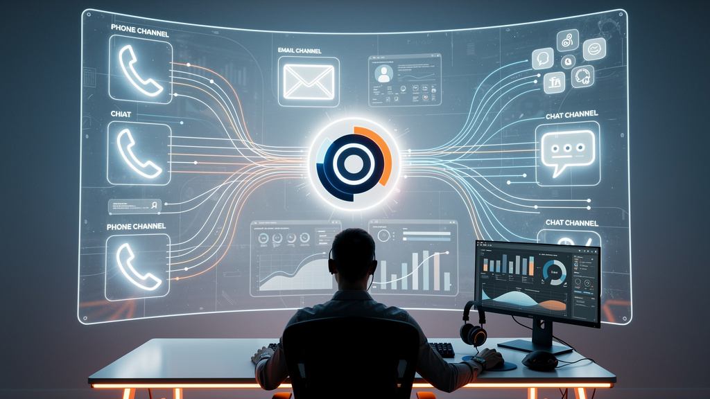Toolzz: Case de Sucesso com IA em Agentes de Atendimento em 2026 — Um painel de controle de atendimento ao cliente mostrando múltiplos canais (telefone, email, chat, redes sociais) convergindo para um