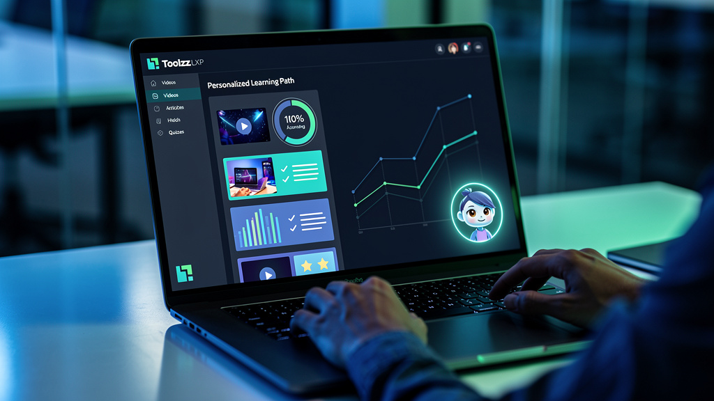 Toolzz: Case Educação Corporativa com 10% de Melhoria — Um close-up de uma tela de laptop mostrando a interface da Toolzz LXP. A tela exibe uma trilha de aprendizado personalizada para um funcionário,