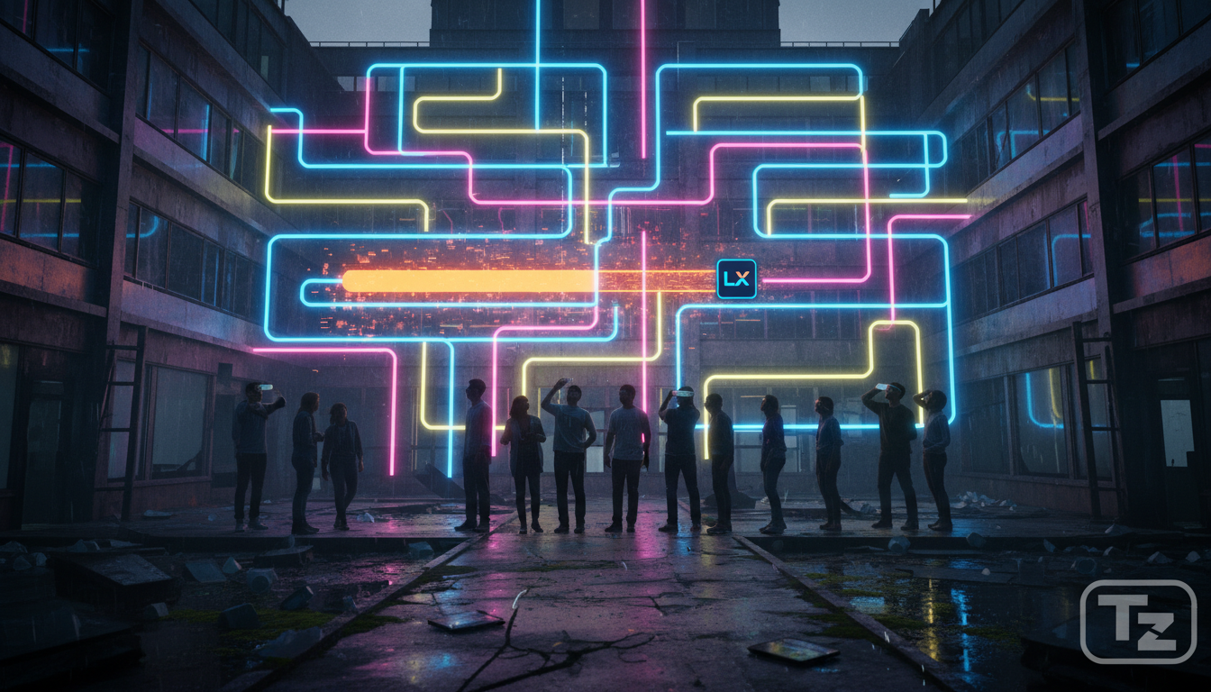 Toolzz: case educação corporativa com 25% de aumento no engajamento — Ilustração digital minimalista de uma barra de progresso estilizada crescendo através de um labirinto, simbolizando o avanço no ap