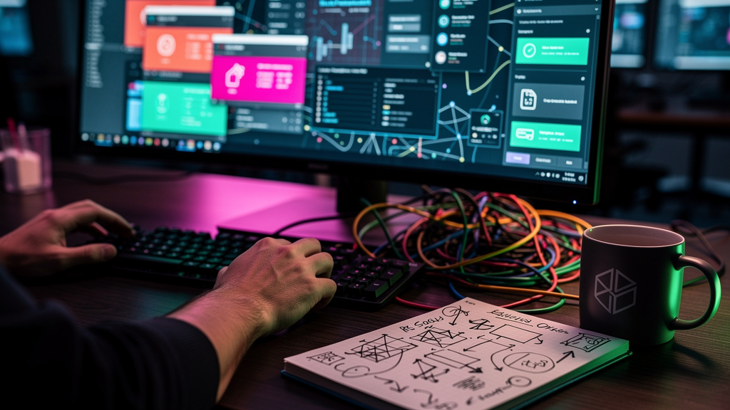 Toolzz: case Educação Corporativa com 7% de melhoria — Um close-up das mãos de um designer de UI/UX trabalhando em uma interface de usuário complexa e pouco intuitiva, representando a interface do Bla