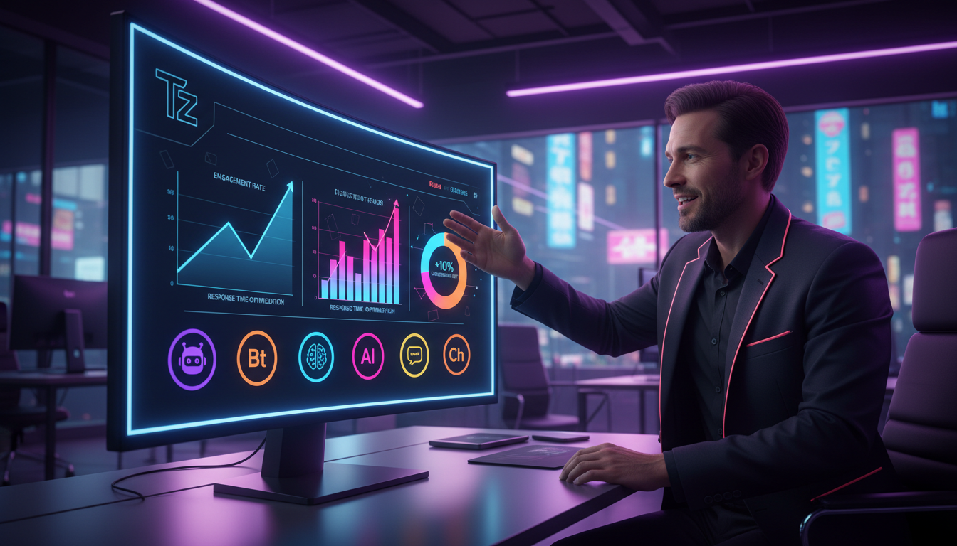 Toolzz: case Instagram com 10% de melhoria — Um profissional de marketing, em um escritório moderno e bem iluminado, gesticula animadamente enquanto aponta para um monitor que exibe um painel de contr