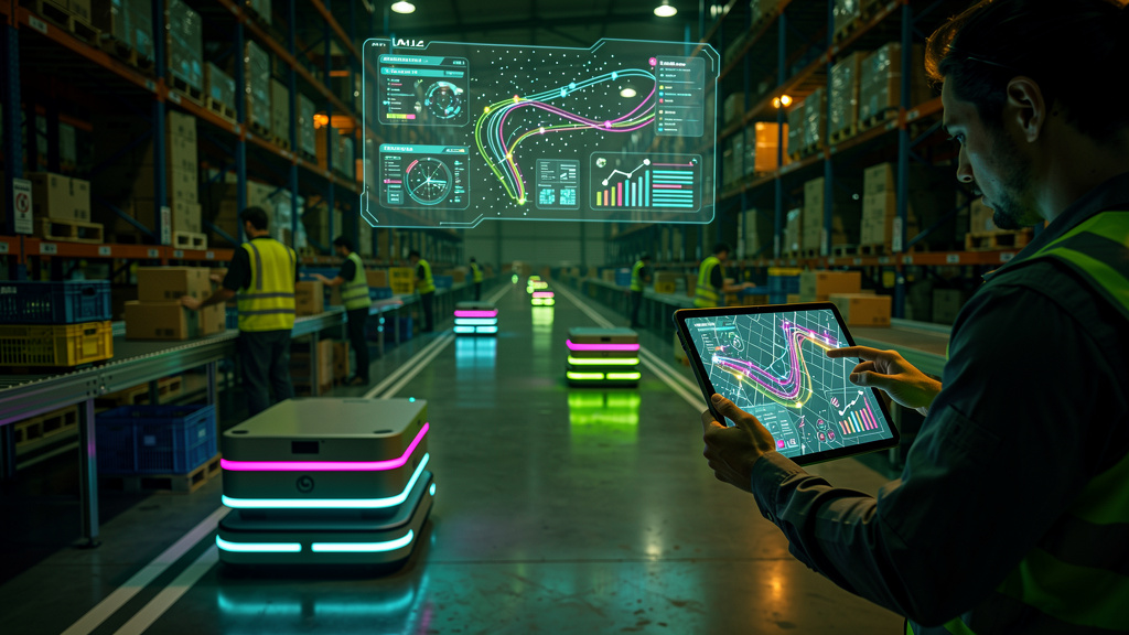 Toolzz: case logística com 15% de melhoria — Um armazém futurista com robôs colaborativos (cobots) trabalhando ao lado de humanos, embalando e organizando produtos. Um painel digital mostra a otimizaç