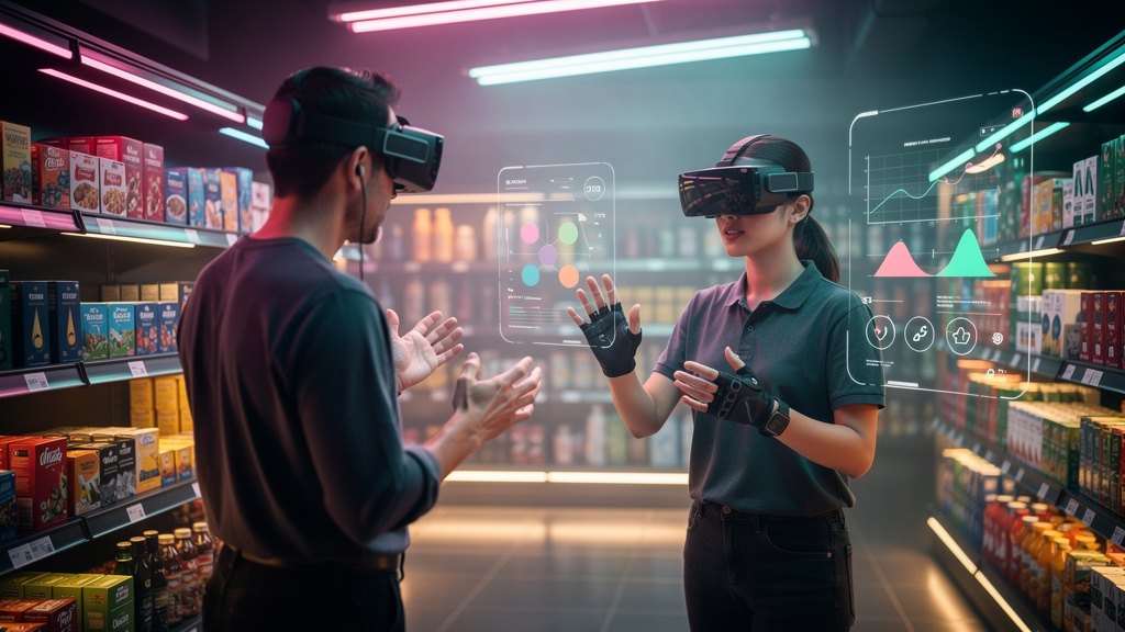 Toolzz: Case Varejo com 15% de melhoria — Um funcionário de varejo usando óculos de realidade virtual em um ambiente de treinamento simulado. A simulação mostra um cenário de atendimento ao cliente de