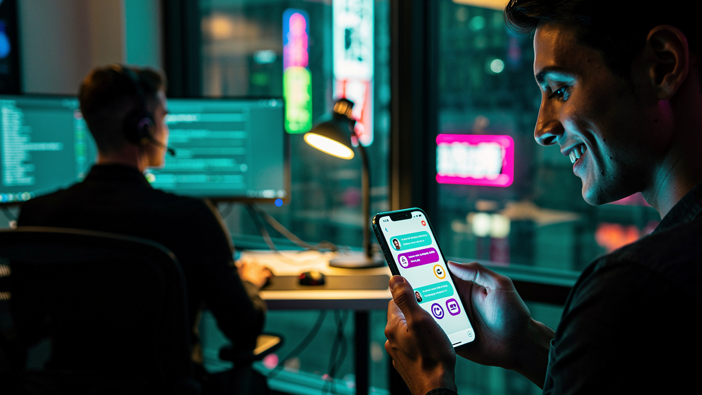Toolzz Chat: A Central de Atendimento Omnichannel Que Você Precisa — Um cliente sorrindo e segurando um smartphone enquanto interage com um chatbot da Toolzz. O chatbot aparece na tela do celular com 