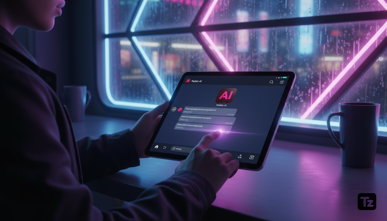 Toolzz: desempenho superior em Agendamento IA — Um usuário interagindo com um chatbot da Toolzz no Instagram, usando um tablet em um café moderno. O chatbot responde instantaneamente, mostrando opções