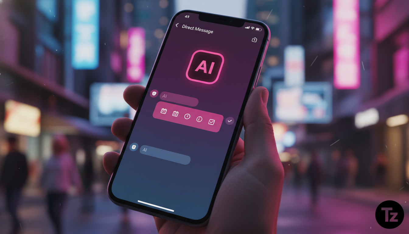 Toolzz: desempenho superior em Agentes IA Social Media — Close-up de um smartphone exibindo uma conversa no Instagram DM. O chatbot da Toolzz está oferecendo opções de agendamento de reunião diretamen