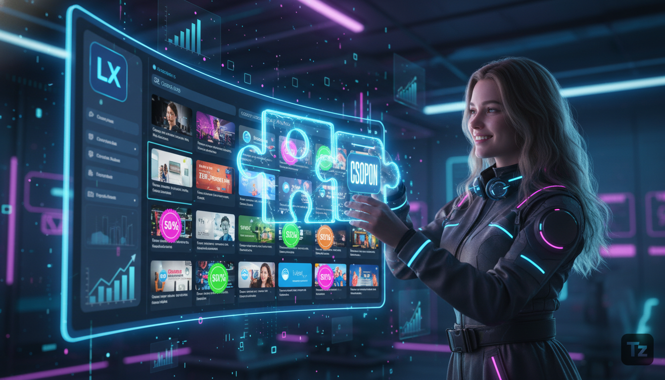 Toolzz: desempenho superior em Cupons de Desconto em LXP — Um designer sorrindo ajusta um cupom de desconto digital gigante em forma de peça de quebra-cabeça, encaixando-o em uma tela de LXP Toolzz. A