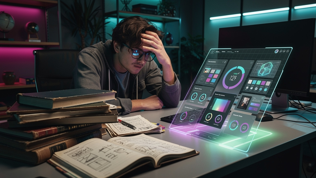 Toolzz: desempenho superior em Educação Corporativa para Designers — Um designer frustrado olhando para uma pilha de manuais de software desatualizados em uma mesa bagunçada. Em contraste, um hologram