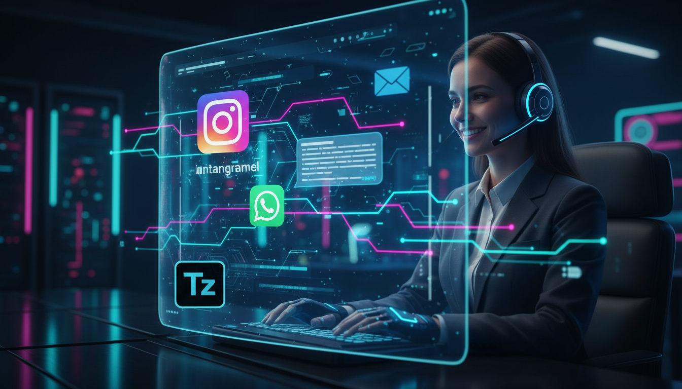 Toolzz: desempenho superior em IA para redes sociais e atendimento omnichannel — Uma tela de dashboard omnichannel mostrando mensagens de diferentes plataformas (Instagram, WhatsApp, e-mail) unificada